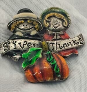 Vintage AJMC Give Thanks Thanksgiving Pilgrim Pumpkin Brooch Pin